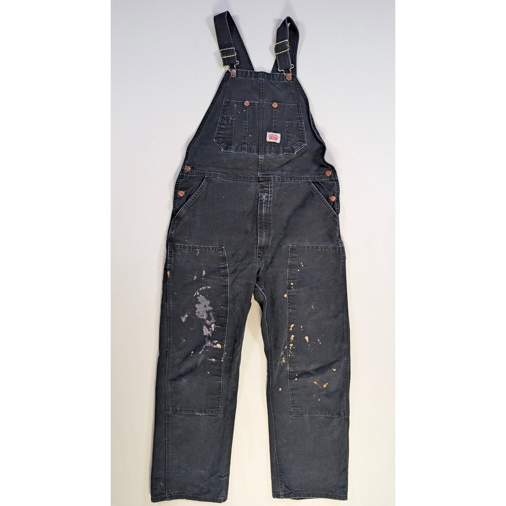 Round House Mens Double Knee Work Overalls Black Distressed Paint Splatter USA